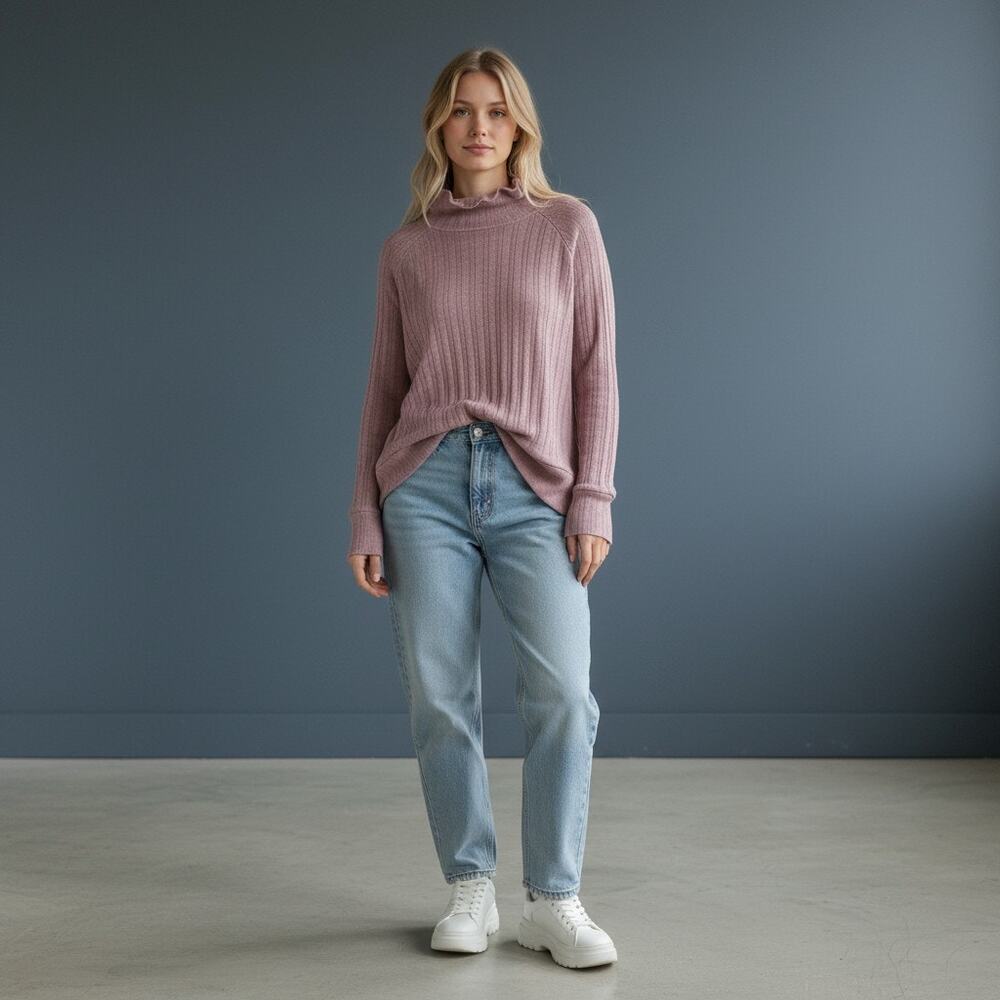 St. John’s Bay Pink Ribbed Mock Neck Sweater Small NWT Soft Stretch High Low